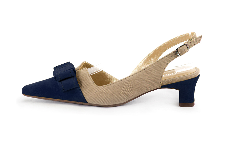 French elegance and refinement for these navy blue and tan beige dress slingback shoes, with a knot, 
                available in many subtle leather and colour combinations. The pretty French spirit of this beautiful pump will accompany your steps nicely and comfortably.
To be personalized or not, with your materials and colors.  
                Matching clutches for parties, ceremonies and weddings.   
                You can customize these shoes to perfectly match your tastes or needs, and have a unique model.  
                Choice of leathers, colours, knots and heels. 
                Wide range of materials and shades carefully chosen.  
                Rich collection of flat, low, mid and high heels.  
                Small and large shoe sizes - Florence KOOIJMAN